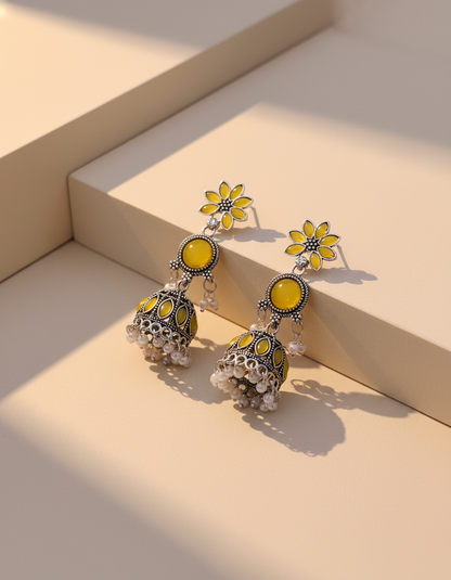 Exquisite Yellow Jhumka Earrings: Oxidized Silver & Pearl Design