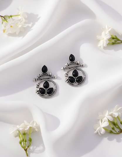 Stunning Oxidized Silver Ethnic Earrings with Black Gemstones