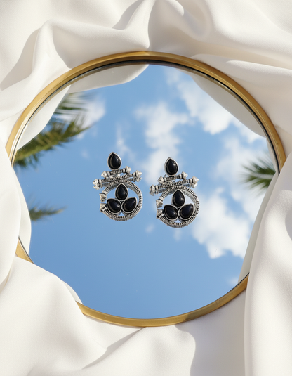 Stunning Oxidized Silver Ethnic Earrings with Black Gemstones