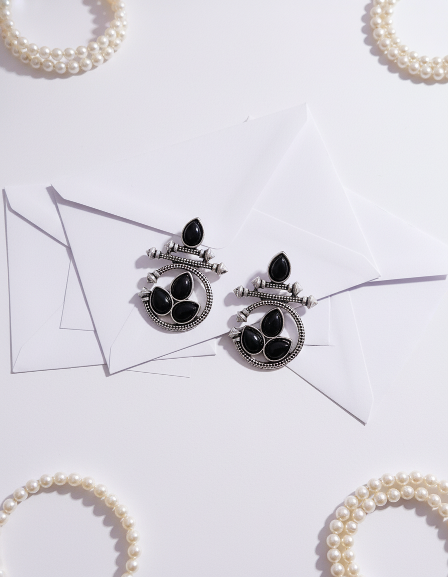 Stunning Oxidized Silver Ethnic Earrings with Black Gemstones