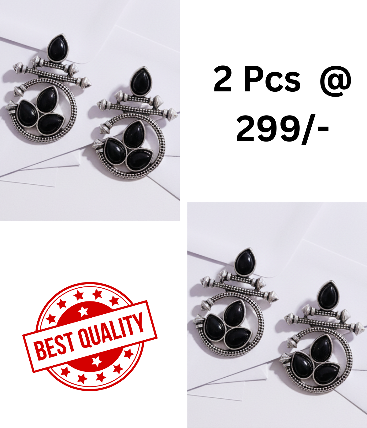 Ethnic Oxidized Silver Earrings with Black Teardrop Stones