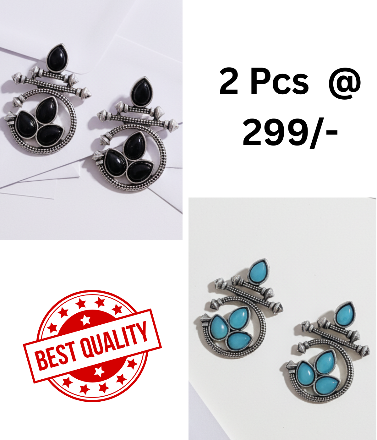Ethnic Oxidized Silver Earrings with Black Teardrop Stones