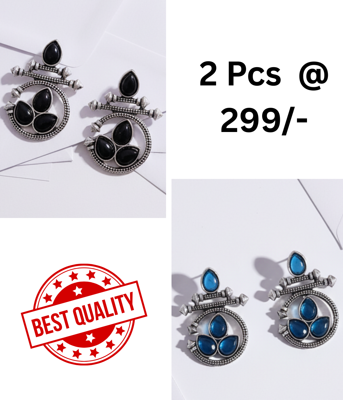 Ethnic Oxidized Silver Earrings with Black Teardrop Stones