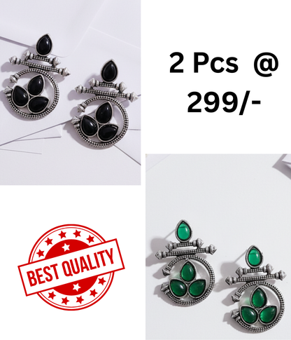 Ethnic Oxidized Silver Earrings with Black Teardrop Stones