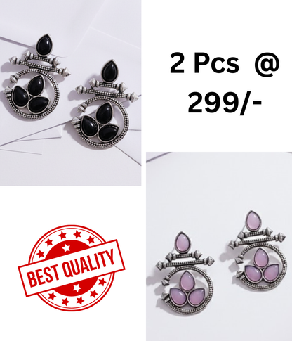 Ethnic Oxidized Silver Earrings with Black Teardrop Stones