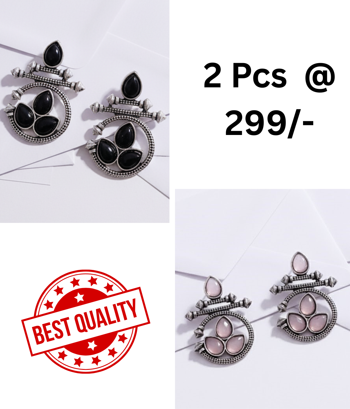 Ethnic Oxidized Silver Earrings with Black Teardrop Stones