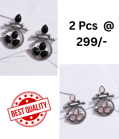 Ethnic Oxidized Silver Earrings with Black Teardrop Stones