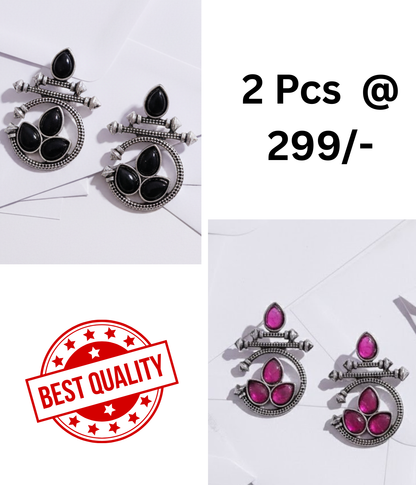 Ethnic Oxidized Silver Earrings with Black Teardrop Stones