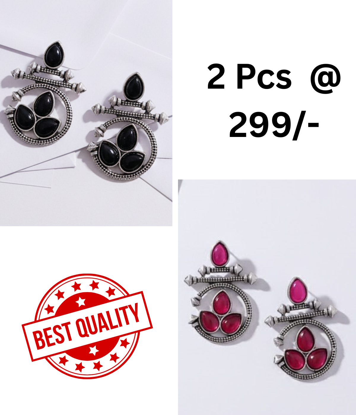 Ethnic Oxidized Silver Earrings with Black Teardrop Stones