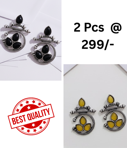 Ethnic Oxidized Silver Earrings with Black Teardrop Stones