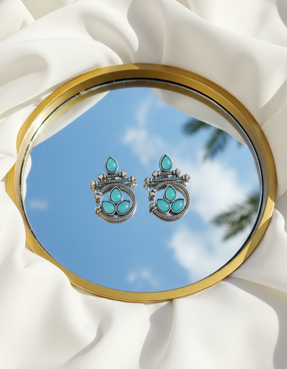 Elegant Oxidized Silver Turquoise Earrings & Pearl Jewelry Set