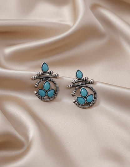 Ethnic Oxidized Silver Drop Earrings with Yellow & Black Stones