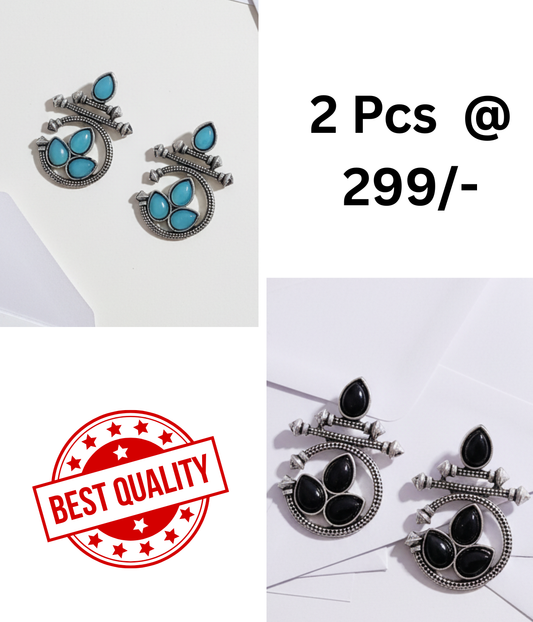 Ethnic Oxidized Blue & Black Stone Drop Earrings Combo Set