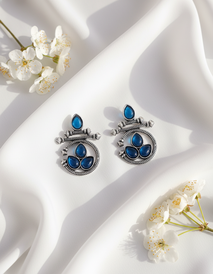 Elegant Oxidized Silver Blue Gemstone Earrings & Pearl Accents