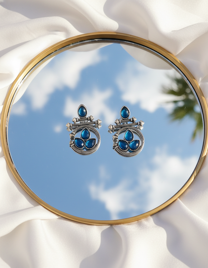 Elegant Oxidized Silver Blue Gemstone Earrings & Pearl Accents