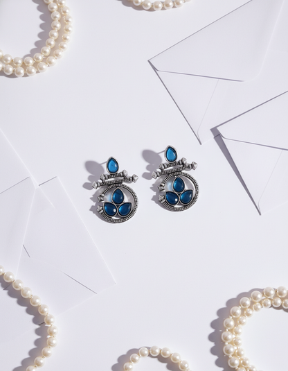 Elegant Oxidized Silver Blue Gemstone Earrings & Pearl Accents