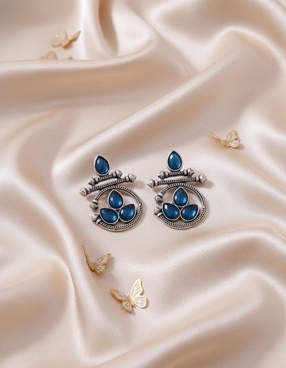 Oxidized Silver Ethnic Earrings Combo: Blue & Black Stones