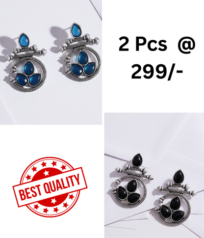 Oxidized Silver Ethnic Earrings Combo: Blue & Black Stones