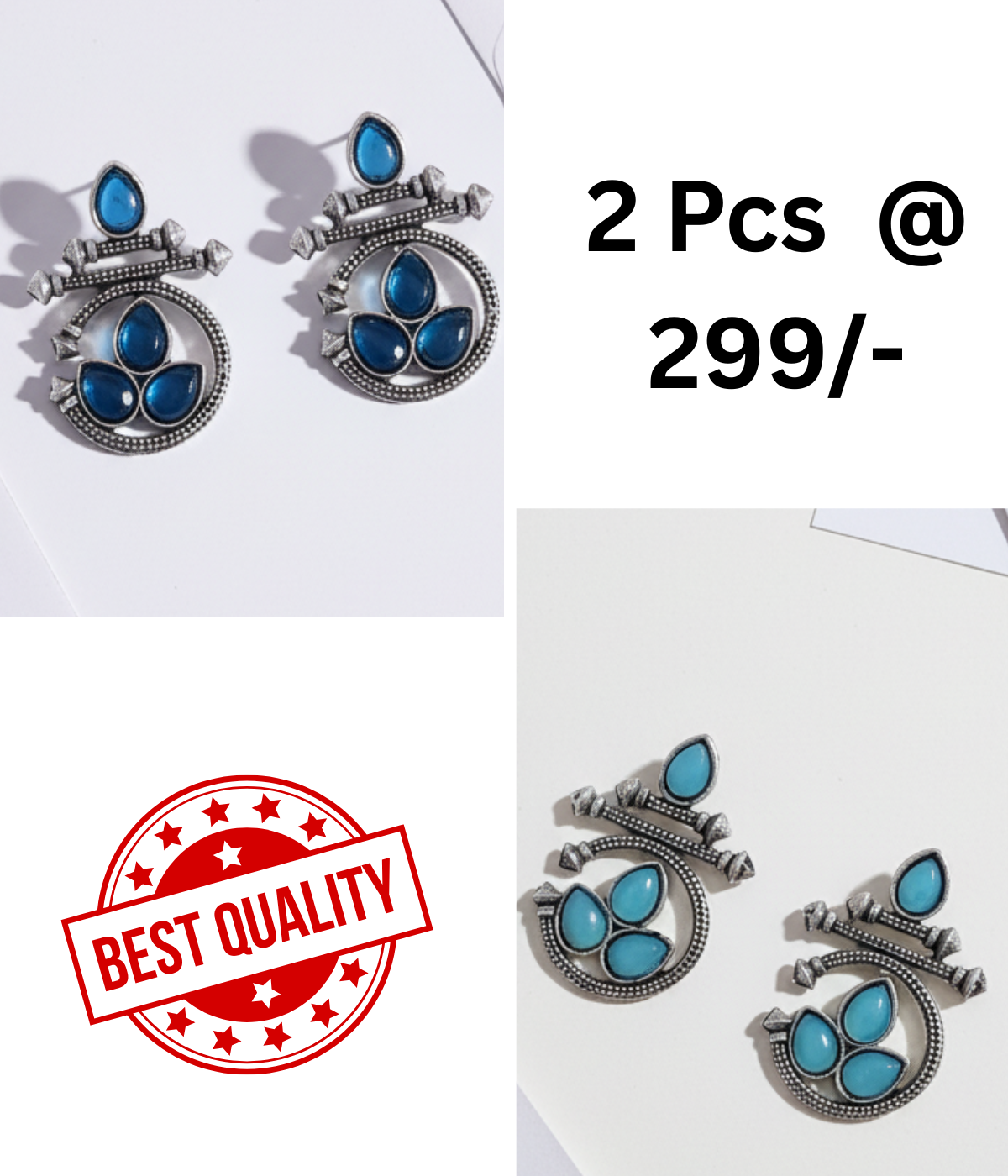 Oxidized Silver Ethnic Earrings Combo: Blue & Black Stones