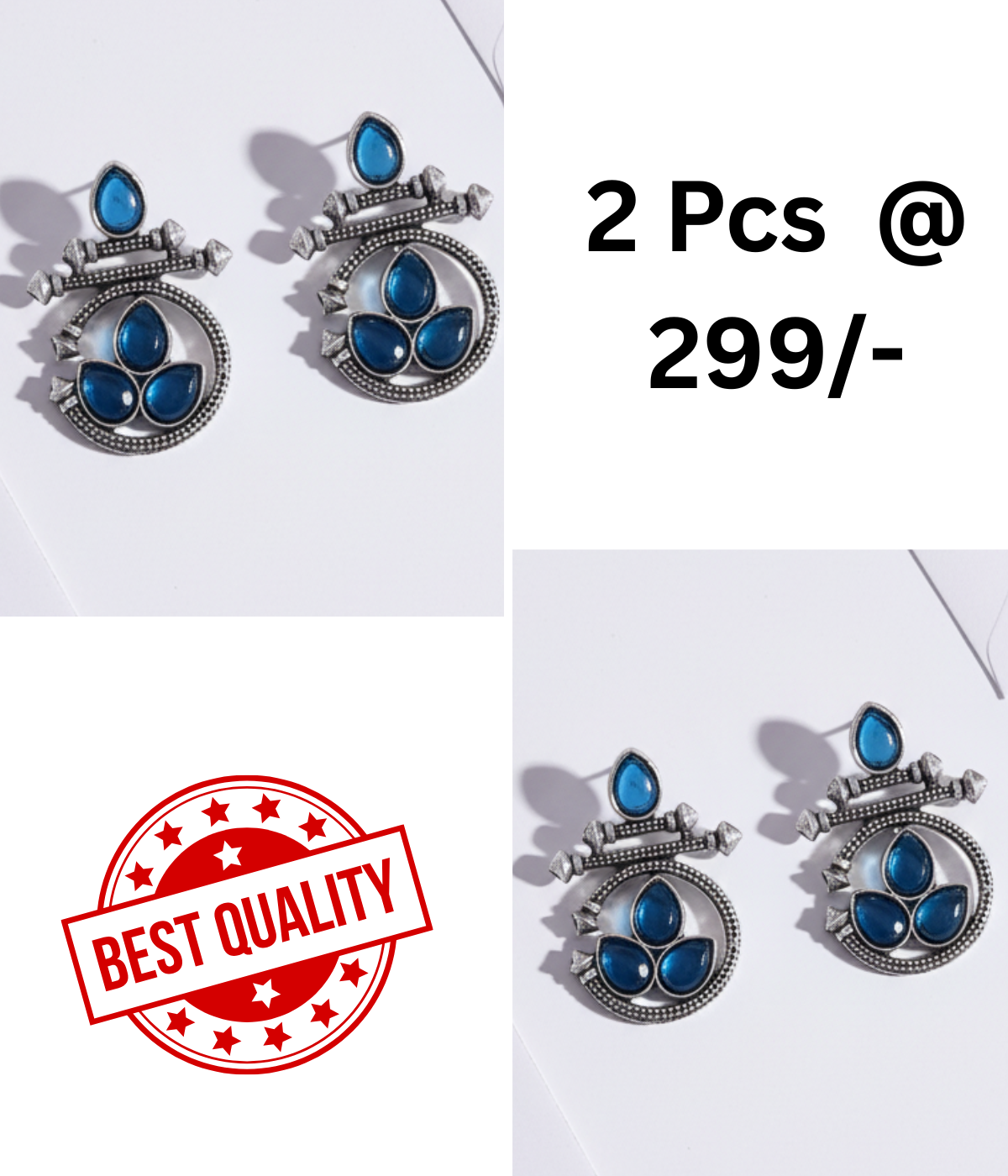 Oxidized Silver Ethnic Earrings Combo: Blue & Black Stones