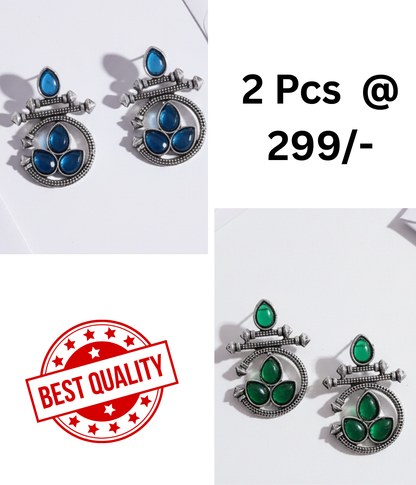 Oxidized Silver Ethnic Earrings Combo: Blue & Black Stones