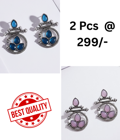 Oxidized Silver Ethnic Earrings Combo: Blue & Black Stones