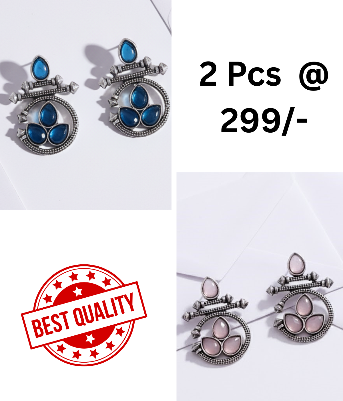 Oxidized Silver Ethnic Earrings Combo: Blue & Black Stones