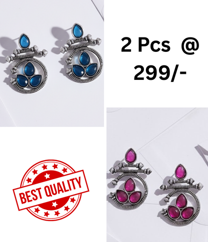 Oxidized Silver Ethnic Earrings Combo: Blue & Black Stones