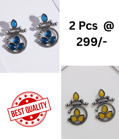 Oxidized Silver Ethnic Earrings Combo: Blue & Black Stones