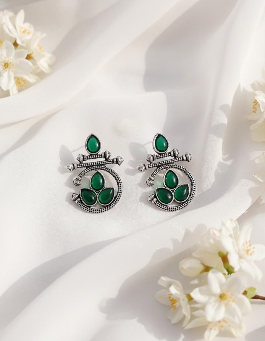 Exquisite Antique Silver Earrings with Emerald Green Stones