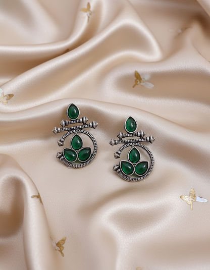 Oxidized Silver-Tone Drop Earrings with Green and Black Stones - Set of 2