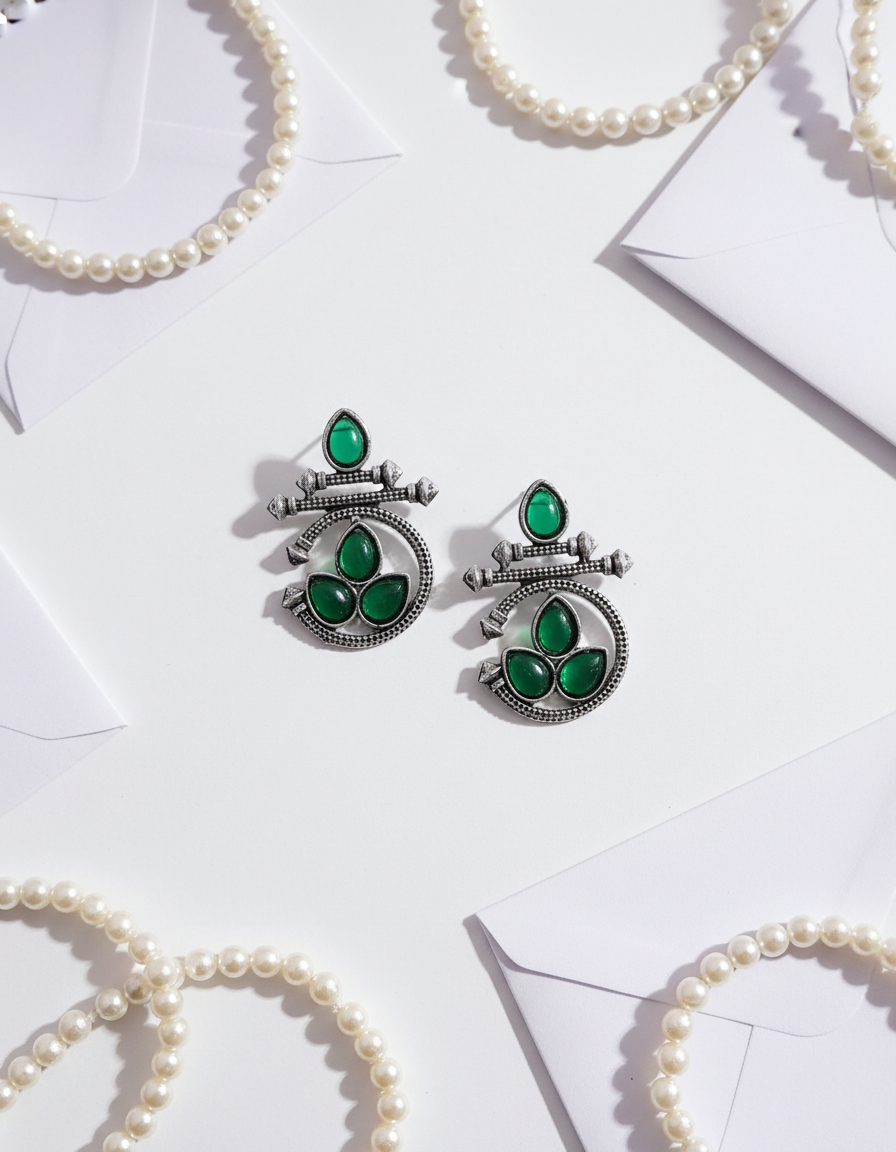 Exquisite Antique Silver Earrings with Emerald Green Stones