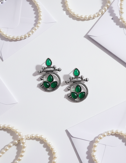 Exquisite Antique Silver Earrings with Emerald Green Stones