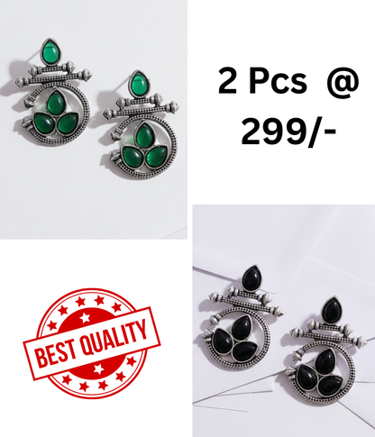 Oxidized Silver-Tone Drop Earrings with Green and Black Stones - Set of 2