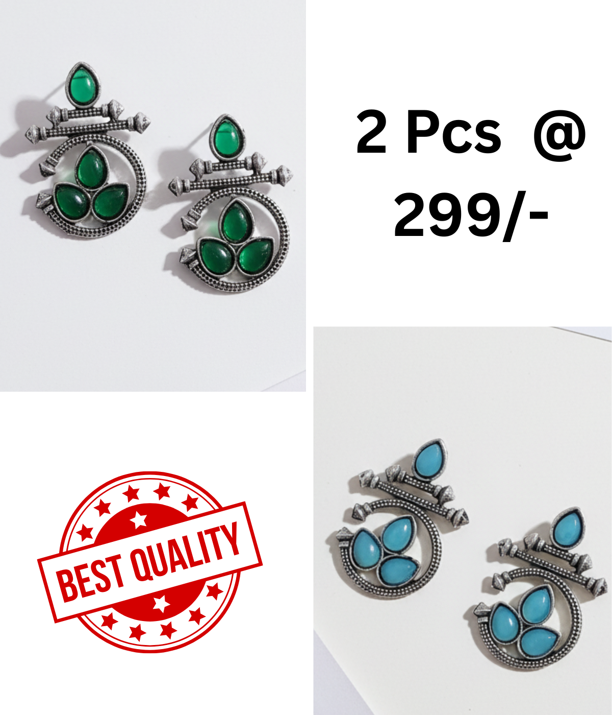 Oxidized Silver-Tone Drop Earrings with Green and Black Stones - Set of 2