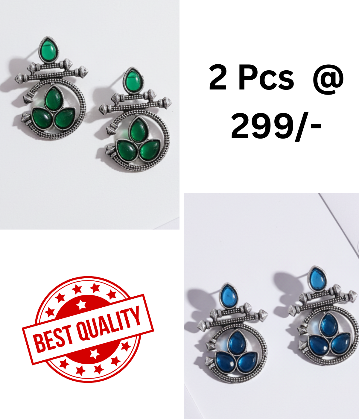 Oxidized Silver-Tone Drop Earrings with Green and Black Stones - Set of 2