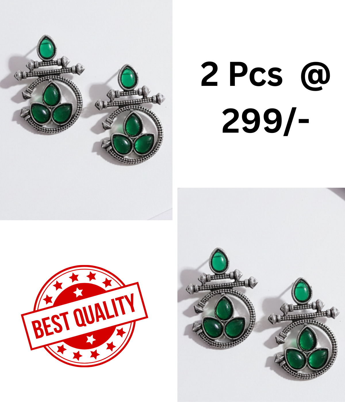 Oxidized Silver-Tone Drop Earrings with Green and Black Stones - Set of 2