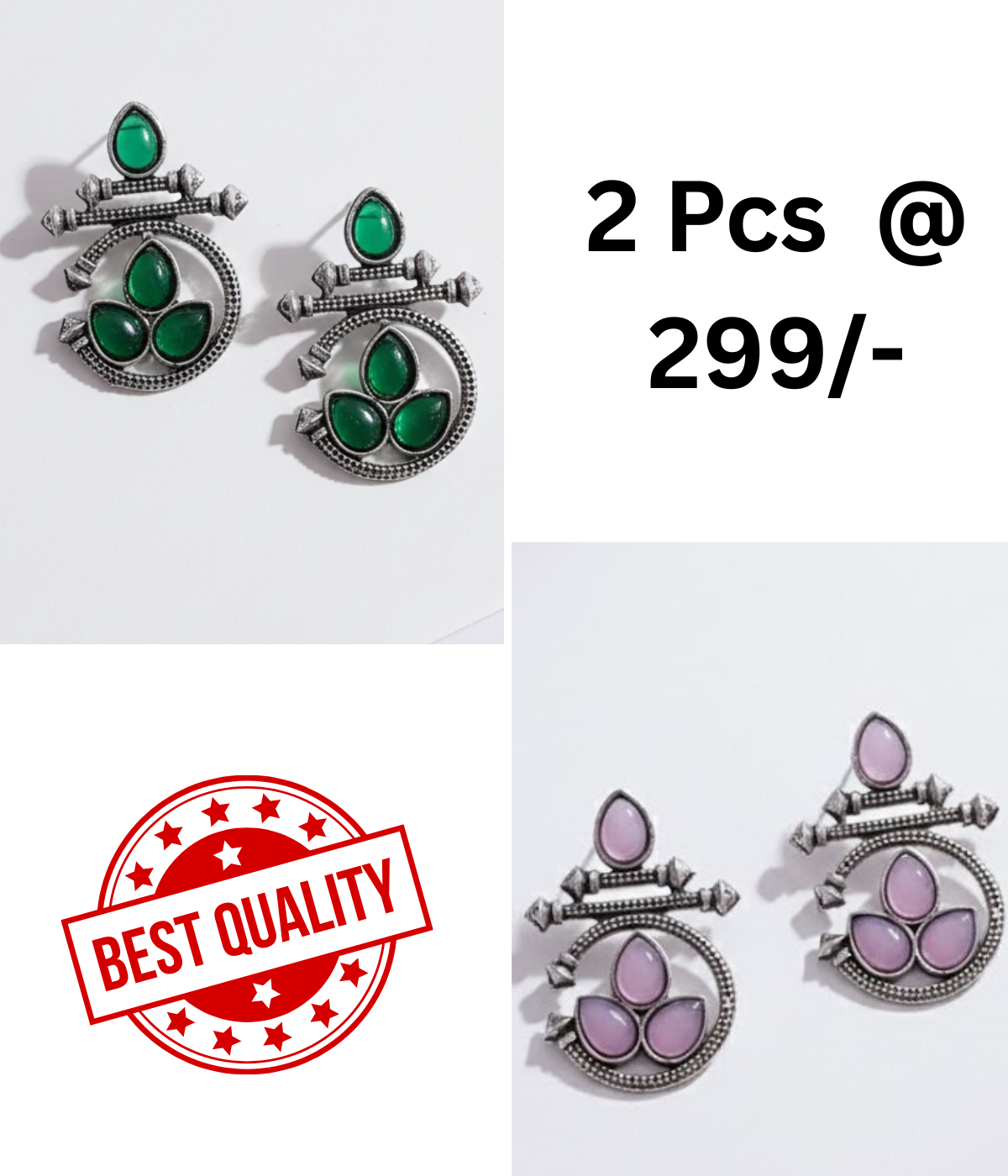 Oxidized Silver-Tone Drop Earrings with Green and Black Stones - Set of 2