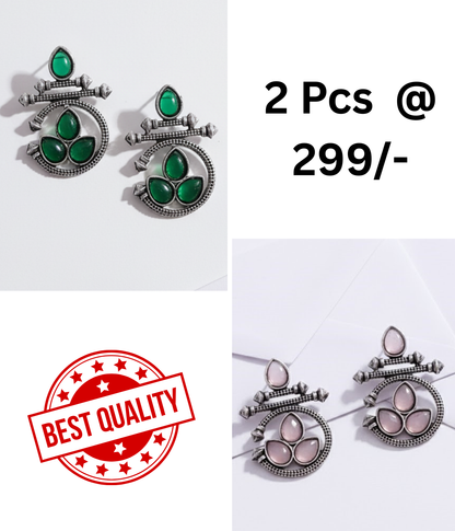 Oxidized Silver-Tone Drop Earrings with Green and Black Stones - Set of 2