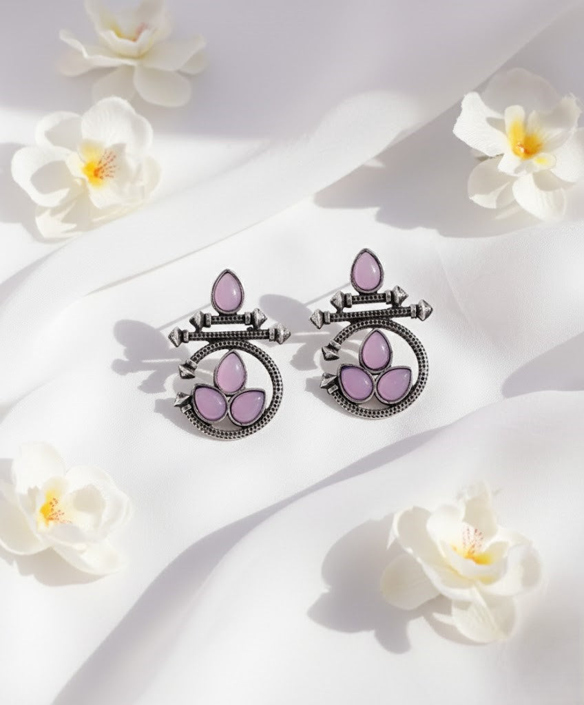 Oxidized Silver Ethnic Stud Earrings with Lavender Stones