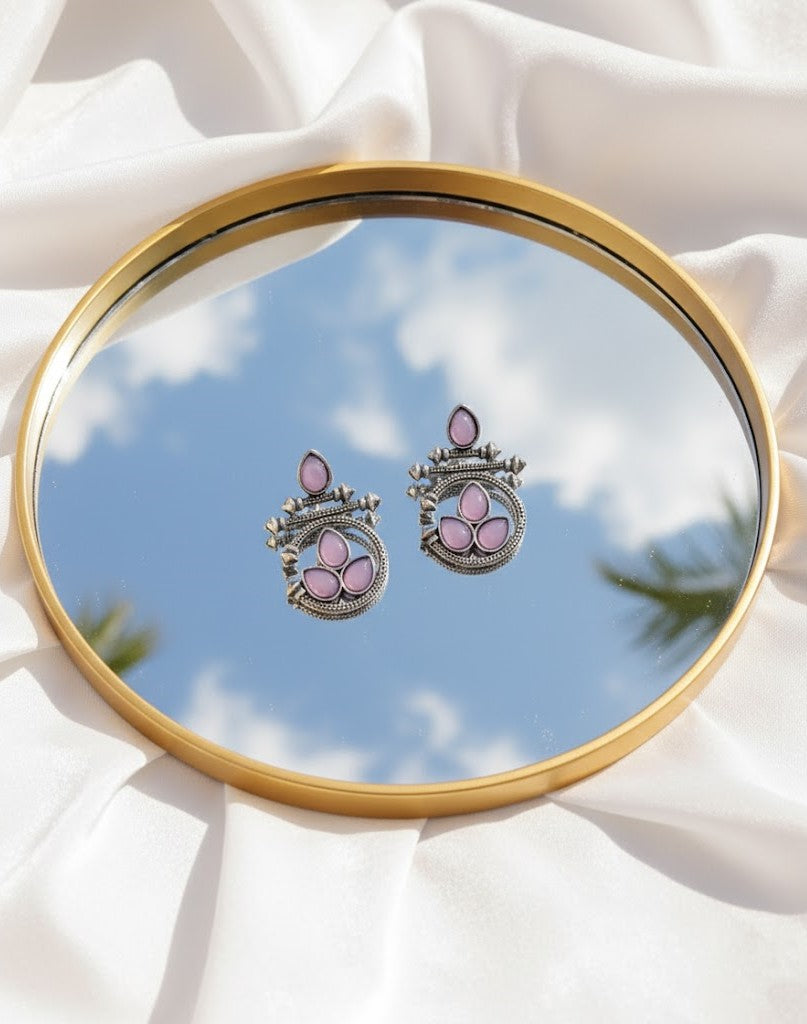 Oxidized Silver Ethnic Stud Earrings with Lavender Stones