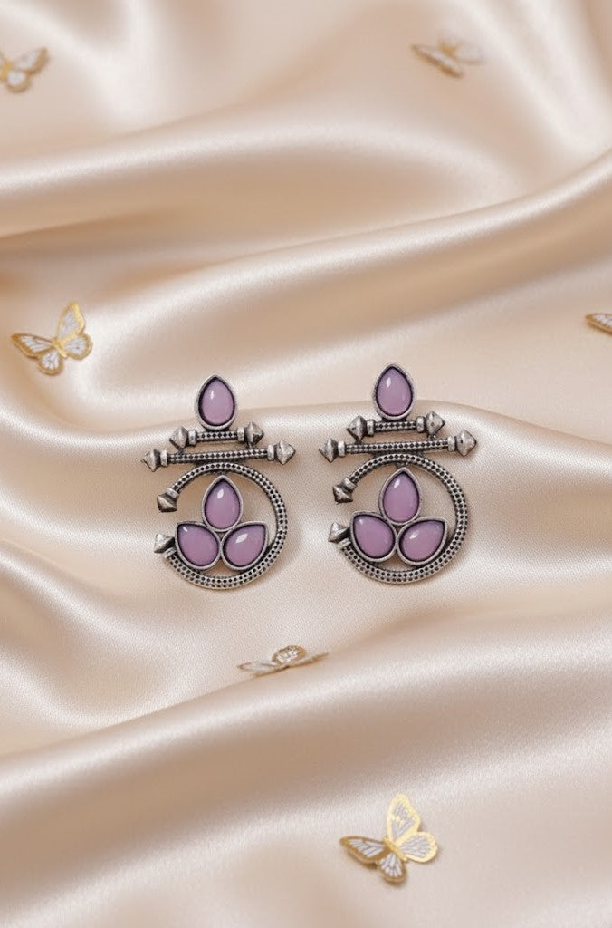 Oxidized Silver Ethnic Stud Earrings with Lavender Stones