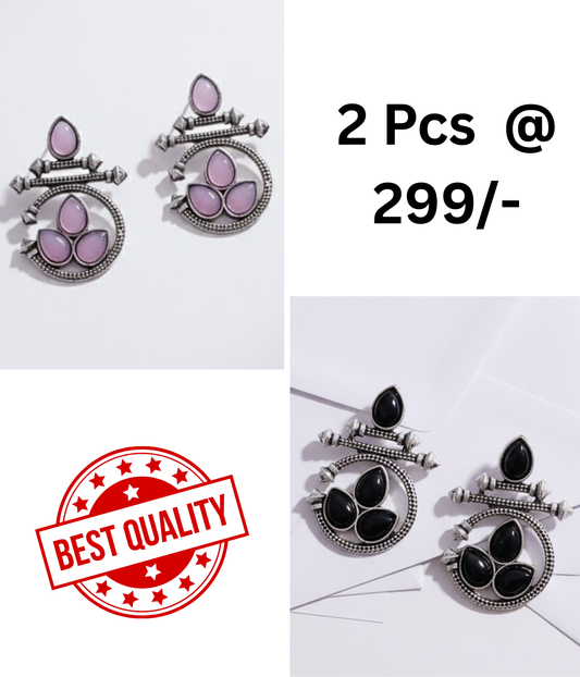 Stunning Oxidized Silver Earrings with LAVNDER  and Black Teardrop Stones