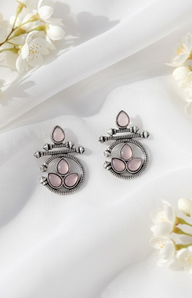 Stunning Oxidized Silver Earrings with Pink Chalcedony Stones