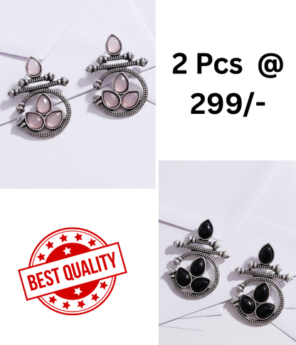 Stunning Oxidized Ethnic Earrings with Pink and Black Stones