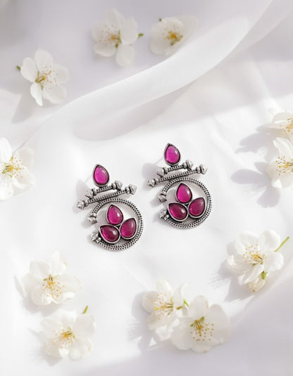 Exquisite Oxidized Silver & Magenta Pink Stone Earrings
