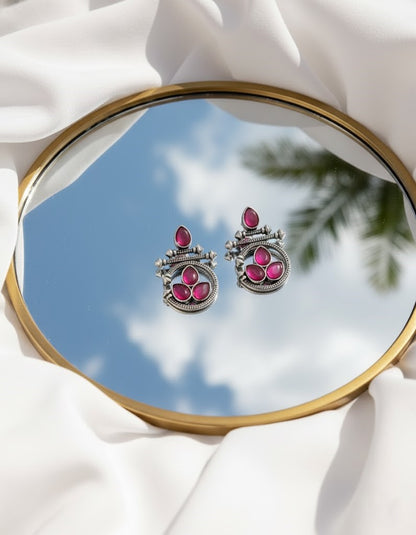 Exquisite Oxidized Silver & Magenta Pink Stone Earrings