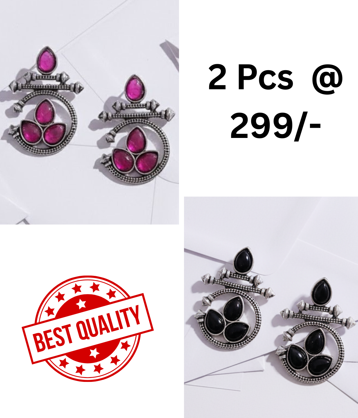Stunning Oxidized Silver Earrings Combo: Rani Pink and Black Stone Designs