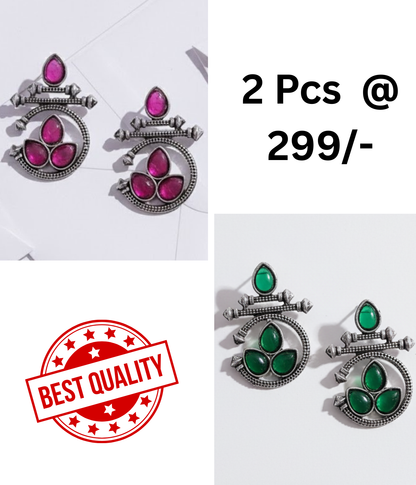 Stunning Oxidized Silver Earrings Combo: Rani Pink and Black Stone Designs