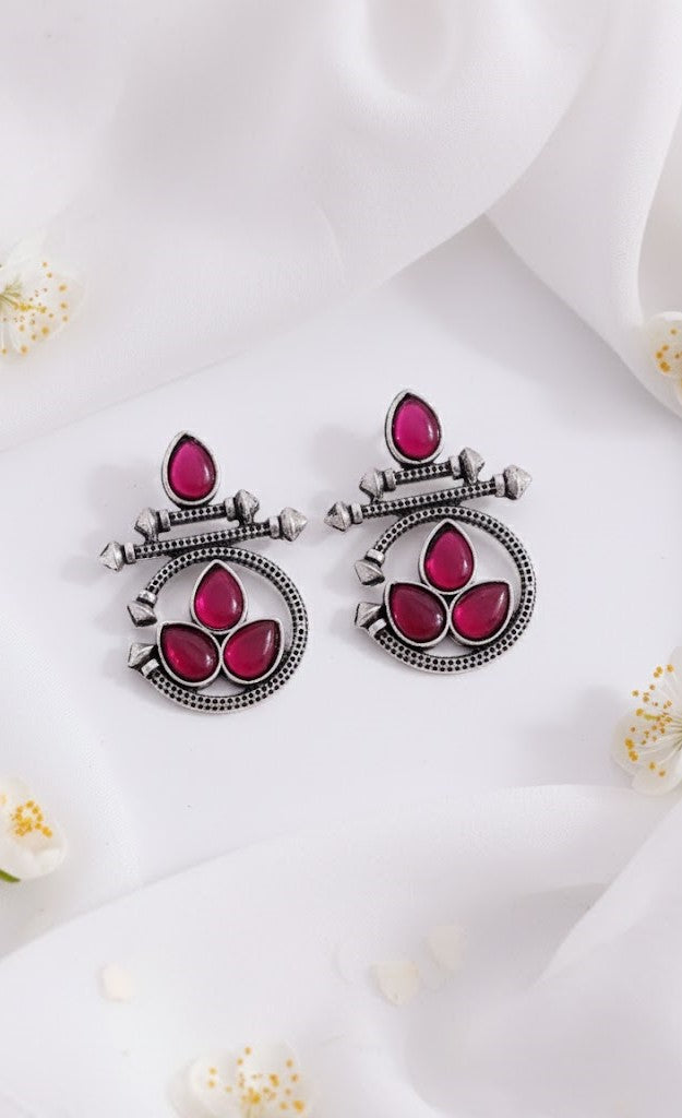 Elegant Oxidized Silver Earrings with Ruby Red Stones